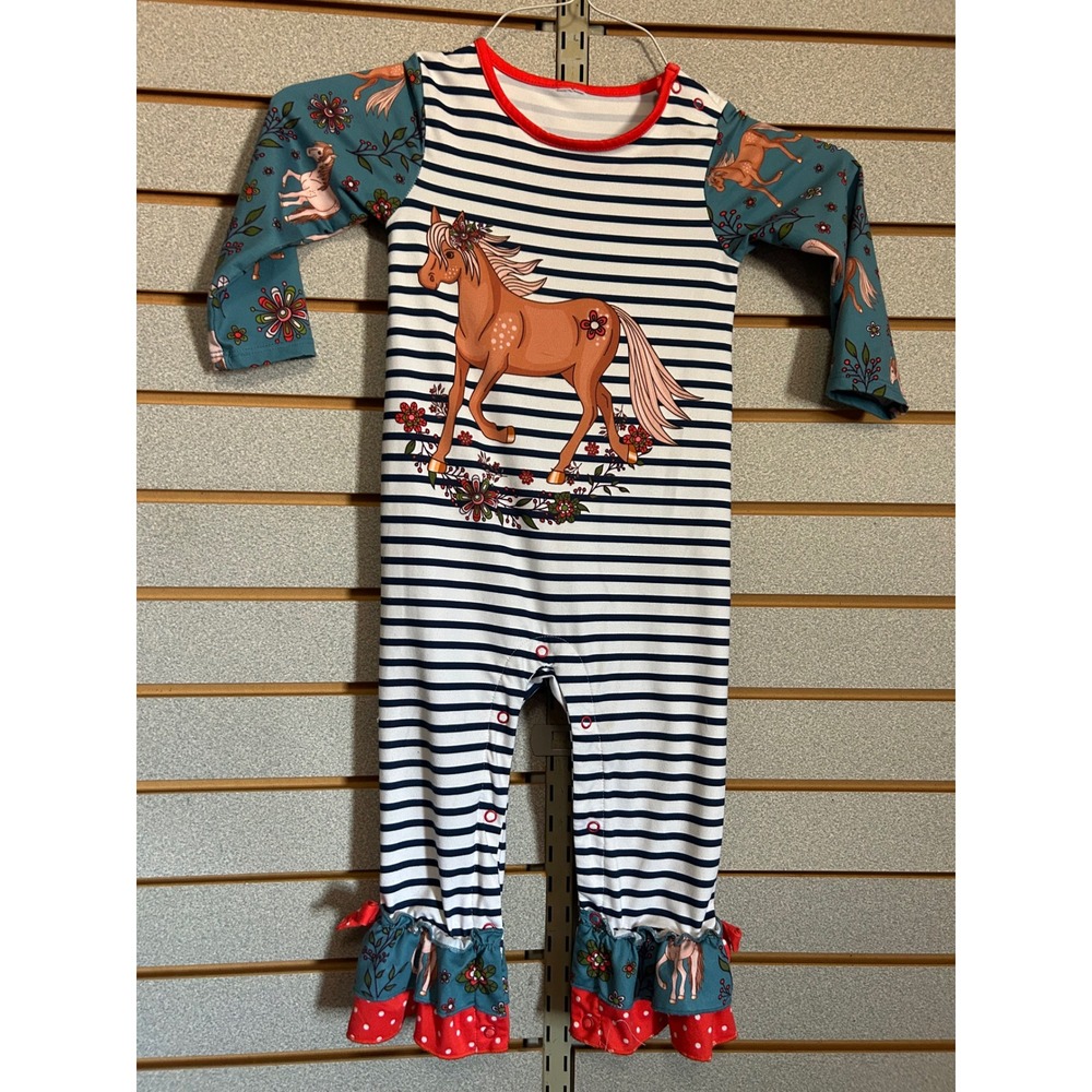 Boutique Kids‎ Horse Floral Striped Ruffle Long Sleeve Romper Navy Teal Red 2T